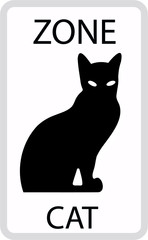 Cat zone sign with cat silhouette in gray frame, isolation