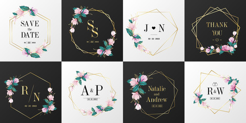 Wedding monogram logo collection. Watercolor floral frame for invitation card design. - obrazy, fototapety, plakaty