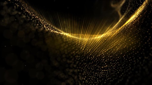 Digital Gold Particles Wave and light abstract background with shining flare particle stars dust. Futuristic glittering Luxury golden sparkling on black background.	