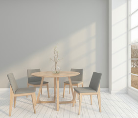 Modern minimal dining room with table and chair , light gray wall. 3D rendering