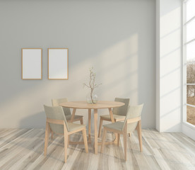Modern minimal dining room with table and chair , light gray wall and picture frame. 3D rendering