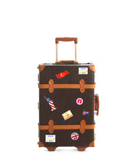 Retro suitcase with travel stickers on white background