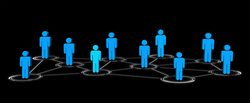 Corporation structure. Linked people figures on black background, banner design