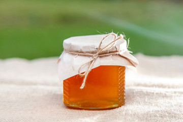 Jar with raspberry honey on the background of the autumn garden