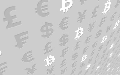 Bitcoin and currency on a gray background. Digital crypto currency symbol. Business concept. Market Display. 3D illustration