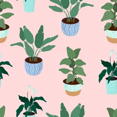 Papier Peint photo Plantes en pots Modèle sans couture avec des plantes d& 39 intérieur en pots. Fleurs à la maison. Ensemble d& 39 illustration vectorielle pour l& 39 impression, le tissu, le textile