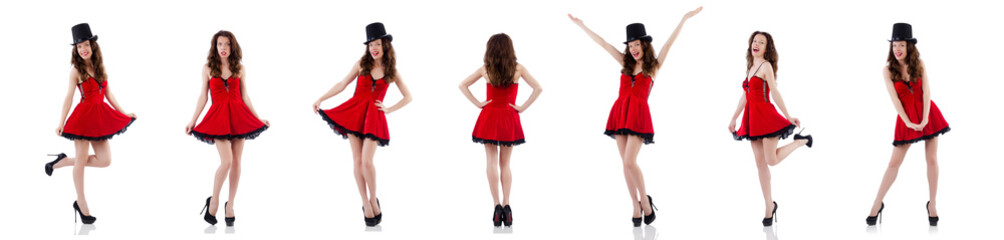 Fototapeta premium Young female model posing in red mini dress