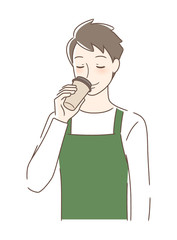 テイクアウトのコーヒーを飲む男性