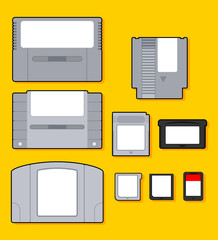 Collection of game cartridges. Set of game cartridges concept. Storage of gaming data. Arcade games memory. Vector graphic design illustration. Flat Style. © kanoktuch