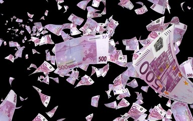 Flying euro banknotes isolated on a dark background. Money is flying in the air. 500 EURO in color. 3D illustration
