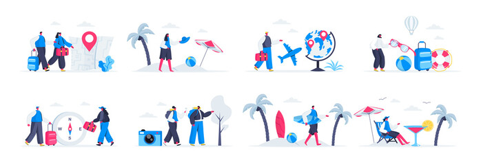 Fototapeta na wymiar Bundle of travel and vacation scenes. Tourists world traveling, couple with luggage, tropical vacation on beach flat vector illustration. Bundle of summer holidays with people characters in situations