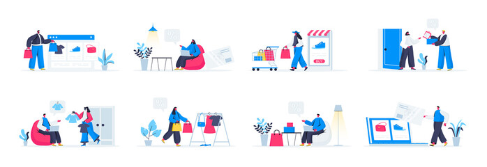 Bundle of shoppers scenes. Shopper carry shopping bags, online order and purchase delivery at home, internet commerce flat vector illustration. Bundle of shopping people characters in situations.