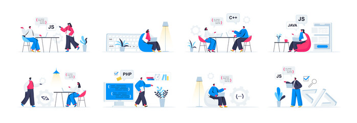 Bundle of programming scenes. Frontend and backend developers working in office, software design and coding flat vector illustration. Bundle of programming skills with people characters in situations.