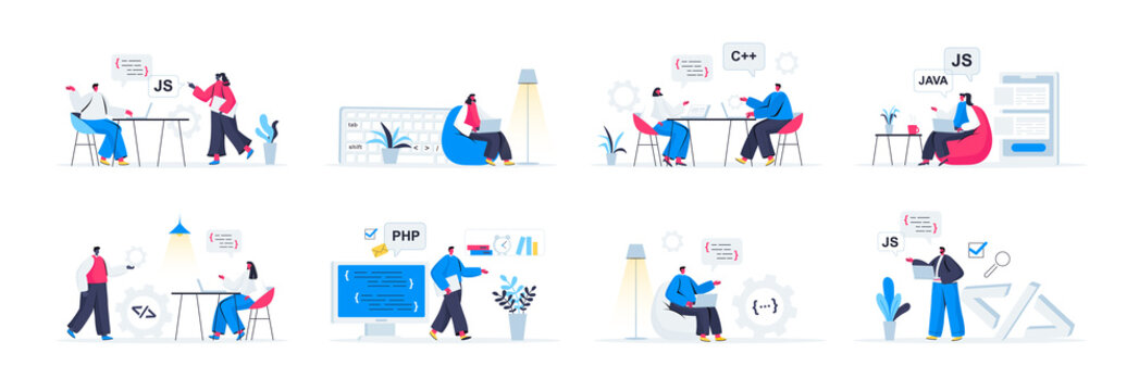 Bundle of programming scenes. Frontend and backend developers working in office, software design and coding flat vector illustration. Bundle of programming skills with people characters in situations.