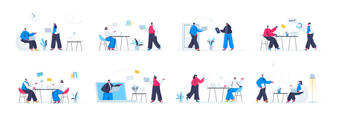 Bundle of support service scenes. Online customer support, telemarketing agency, client consultation and assistance flat vector illustration. Bundle of call center with people characters in situations