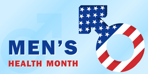 Banner for the national month of men's health with a male symbol painted under the American flag and text, traditionally held annually in June, the concept of combating bad habits