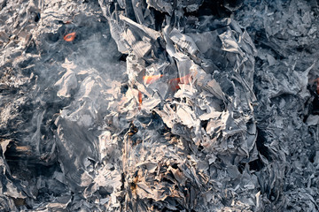 Closeup burning documents outdoors. Concept destruction by fire of evidence or correspondence.
