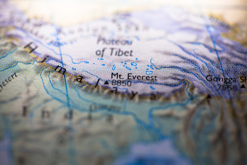 Geographical map location of Mount Everest in Nepal in Asia continent on atlas