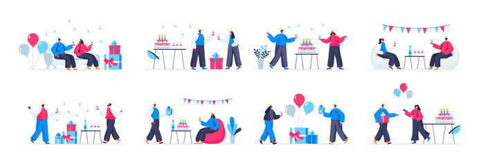 Bundle of birthday party scenes. Cheerful friends celebrating and congratulating, gift presenting and having fun flat vector illustration. Bundle of birthday event with people characters in situations