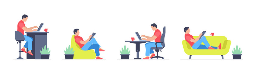 Working at home. Man working on laptop and computer, tablet. Flat Style