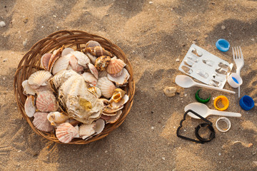 A lot of seashells in a basket on the sand, on the other sides , plastic garbage. The concept of choosing between beautiful nature and environmental pollution with plastic and garbage.