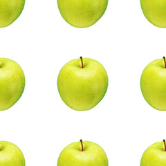 Pattern of green apples on a white background. Isolated fruits. Image for fabric, wallpaper and wrapping paper.