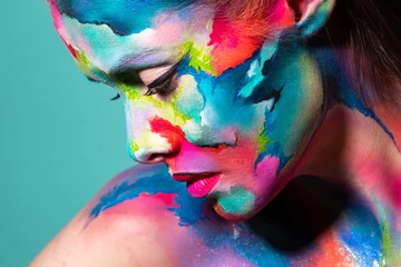 Poster Im Rahmen Fashion and creative makeup, young beautiful woman abstract face art, © Ulia Koltyrina