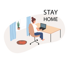 Working at home, concept illustration. Young womаn freelancer working on laptop at home. Vector flat style illustration