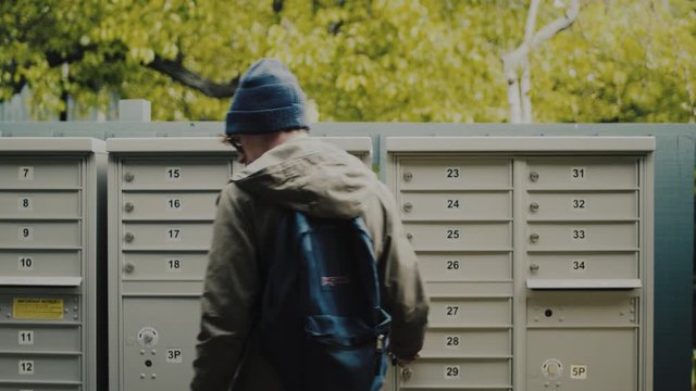 Man checks mail, finds it empty, has trouble pulling out his key as he leaves frame L to R.

3-Axis Stabilized Shot. Medium Field of View. Fixed Focus. 23.976 FPS.