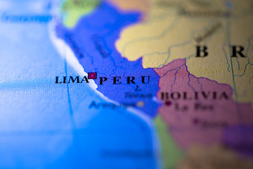 Geographical map location of country Peru in South America continent on atlas