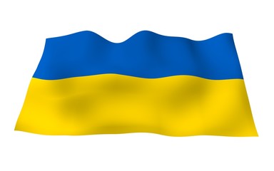 The flag of Ukraine on a white background. National flag and state ensign. Blue and yellow bicolour. 3D illustration waving flag
