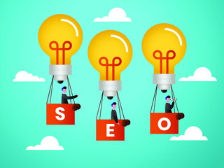 Search Engine Optimization vector concept: Businessmen wearing black suits flying with a SEO light bulb balloons over blue sky