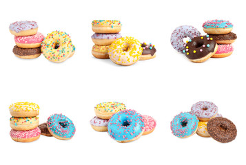 Set of different delicious donuts on white background