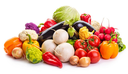 Vegetables for cooking. Eggplant, tomatoes, onions, paprika, cauliflower, white radish. Isolate on white background