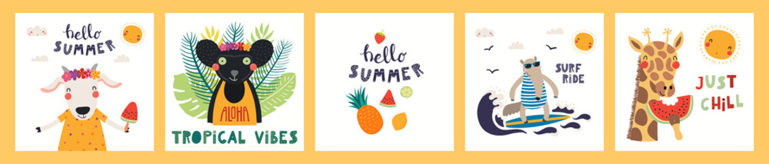 Collection of cards, posters with cute funny animals doing summer activities, text. Hand drawn vector illustration. Scandinavian style flat design. Concept for children holidays print, invite, banner.