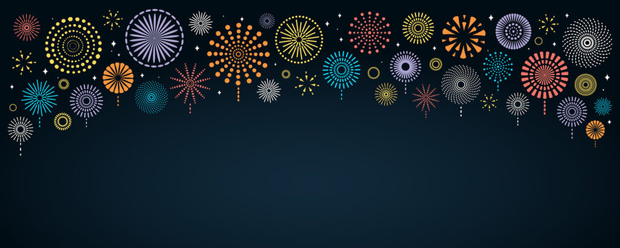Vector illustration with bright colorful fireworks border on a dark blue background, space for text. Flat style design. Concept for holiday celebration, greeting card, poster, banner, flyer.