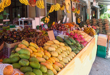 Mango fruits, dragon, mangostite, pineapples, bananas at the bazaar in Thailand. Asia. Travel....