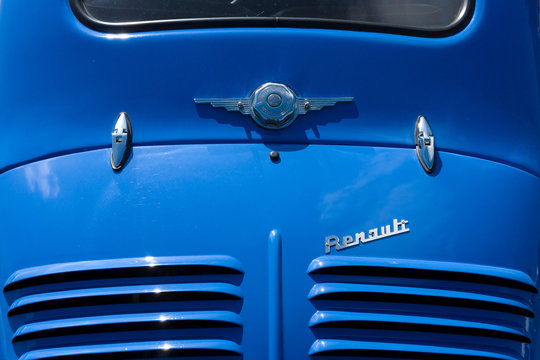 PAAREN IM GLIEN, GERMANY - MAY 19: Rear vents and emblem compact car Renault 4CV, "The oldtimer show" in MAFZ, May 19, 2013 in Paaren im Glien, Germany