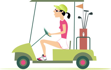 Golfer woman in the golf cart illustration. Pretty young woman is going to play golf in the golf cart isolated on white
