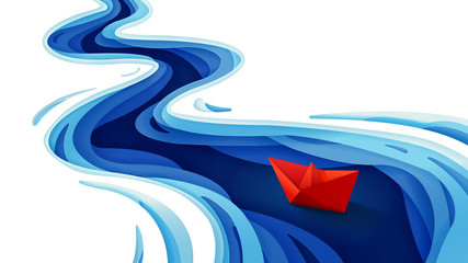 The journey of the origami red paper boat on winding blue river - obrazy, fototapety, plakaty