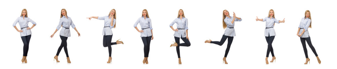 Obraz premium Woman in blue blouse isolated on white