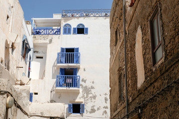 Old residential house facades in Essaouira, Morocco.