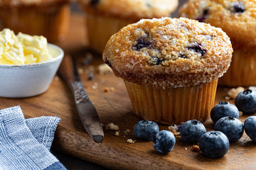 Closeup of a Blueberry Muffin and Fresh Berries