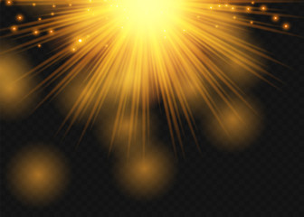 Light highlight yellow special effect with rays of light and magic sparkles. Sun Ray . Glow transparent vector light effect set, explosion, shine, spark, solar flare.