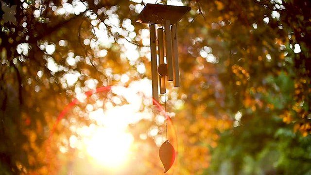 Stunning sunset backlighting slow motion wind chime in temple garden