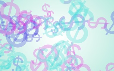 Multicolored translucent dollar signs on white background. Red tones. 3D illustration