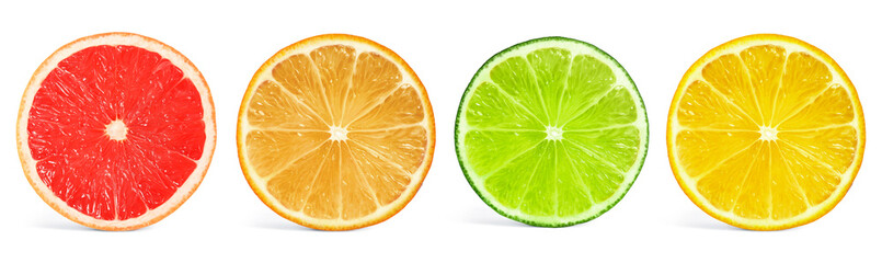 Set of different citrus slices on white background, top view. Banner design