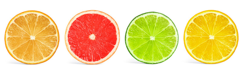 Set of different citrus slices on white background, top view. Banner design