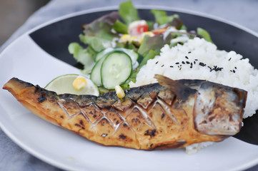 grilled blue mackerel, grilled fish or grilled saba and rice
