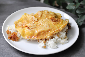 omelette, omelet or deep fried egg and rice